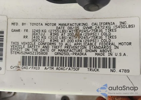 2005 Toyota Tacoma Base V6 from USA, damaged, VIN 5TEMU52N45Z135808